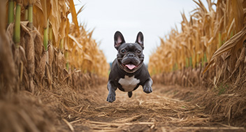 A grey French Bulldog running through a field towards the camera with its tongue out