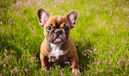 A French Bulldog puppy sitting on the grass with some purple flowers