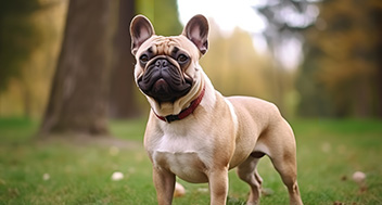 A tan French Bulldog with a black muzzle standing near a tree